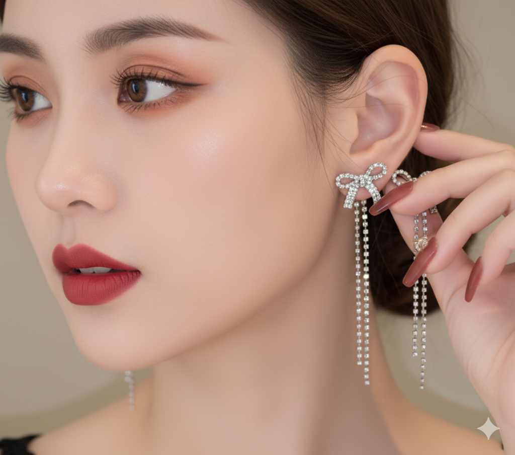 Crystal Bow Tassel Earrings
