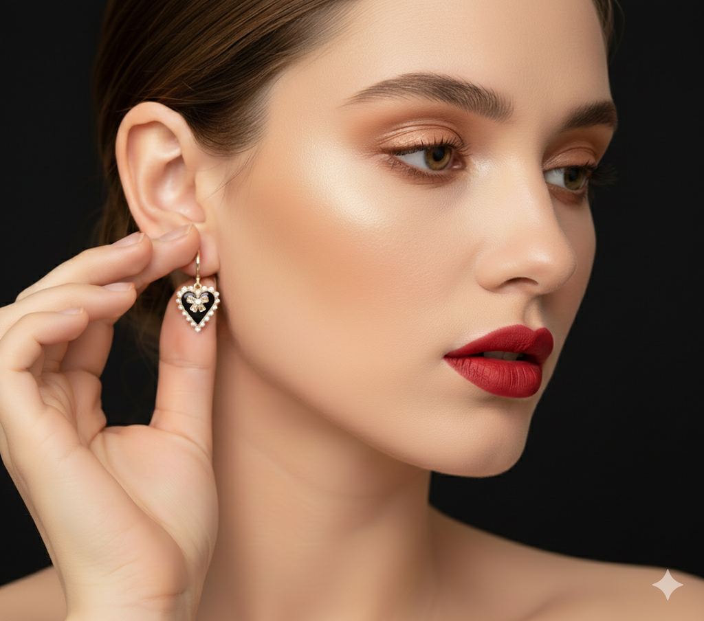 Obsidian Heart Bow Earrings