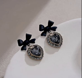 Obsidian Heart Bow Earrings
