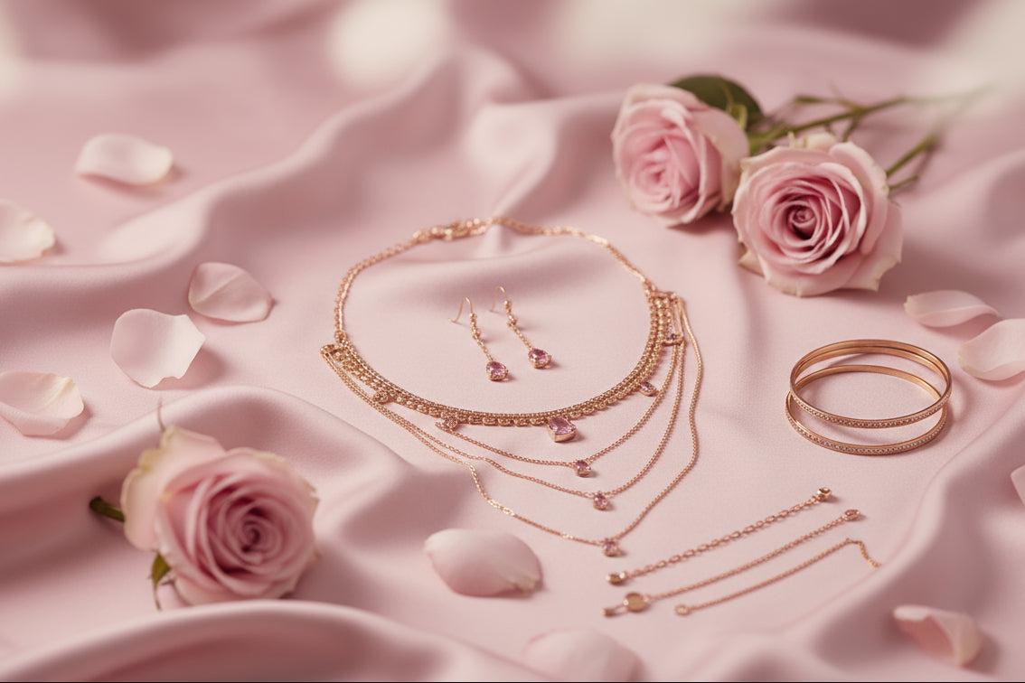 Rose gold jewelry set including necklace, earrings, and bracelet on a pink fabric background with flowers and petals. Name Rayoré Studió 